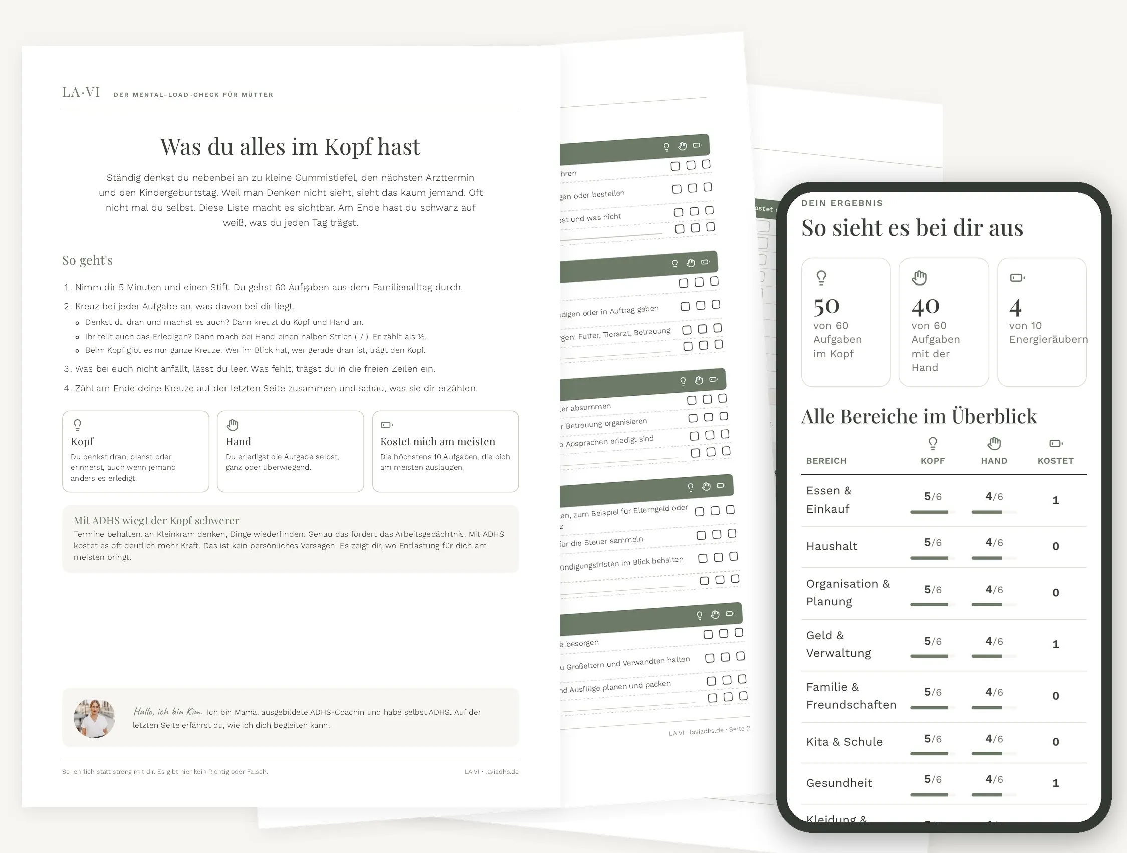 Vorschau auf den Mental-Load-Check: die Seite mit der Anleitung, Aufgabenlisten zum Ankreuzen und das Ergebnis am Handy