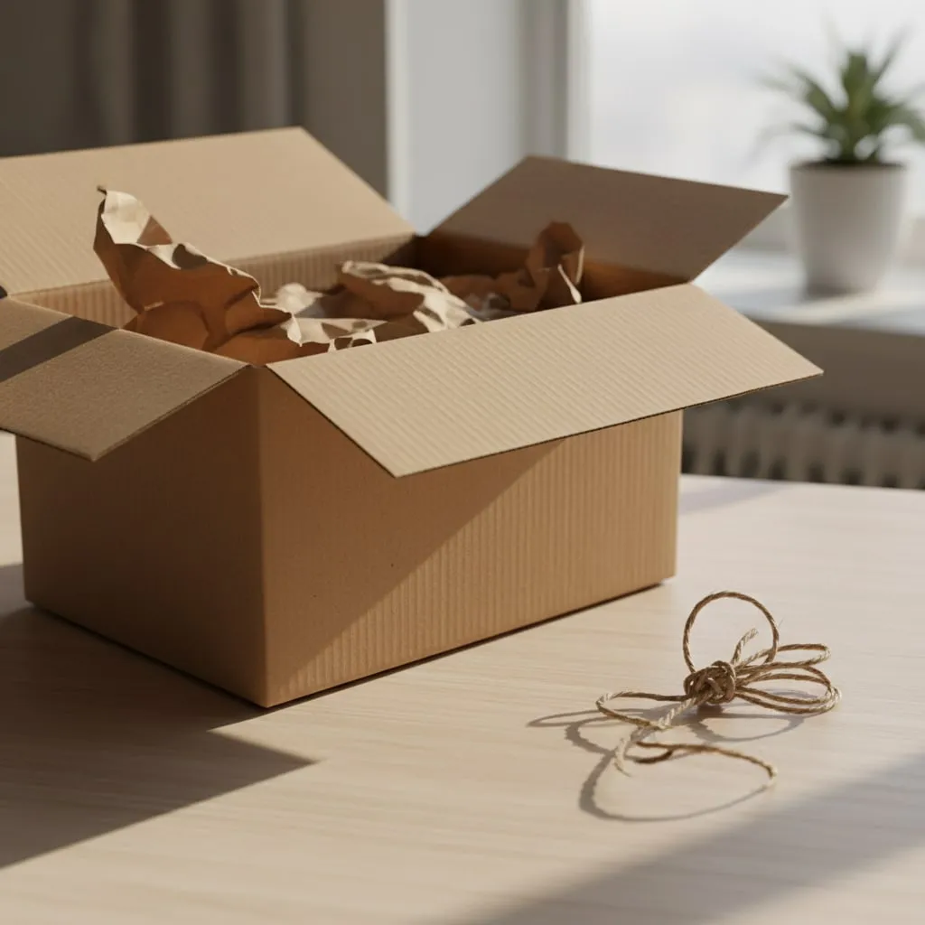 Ein offener Umzugskarton mit zerknülltem Papier auf einem Tisch