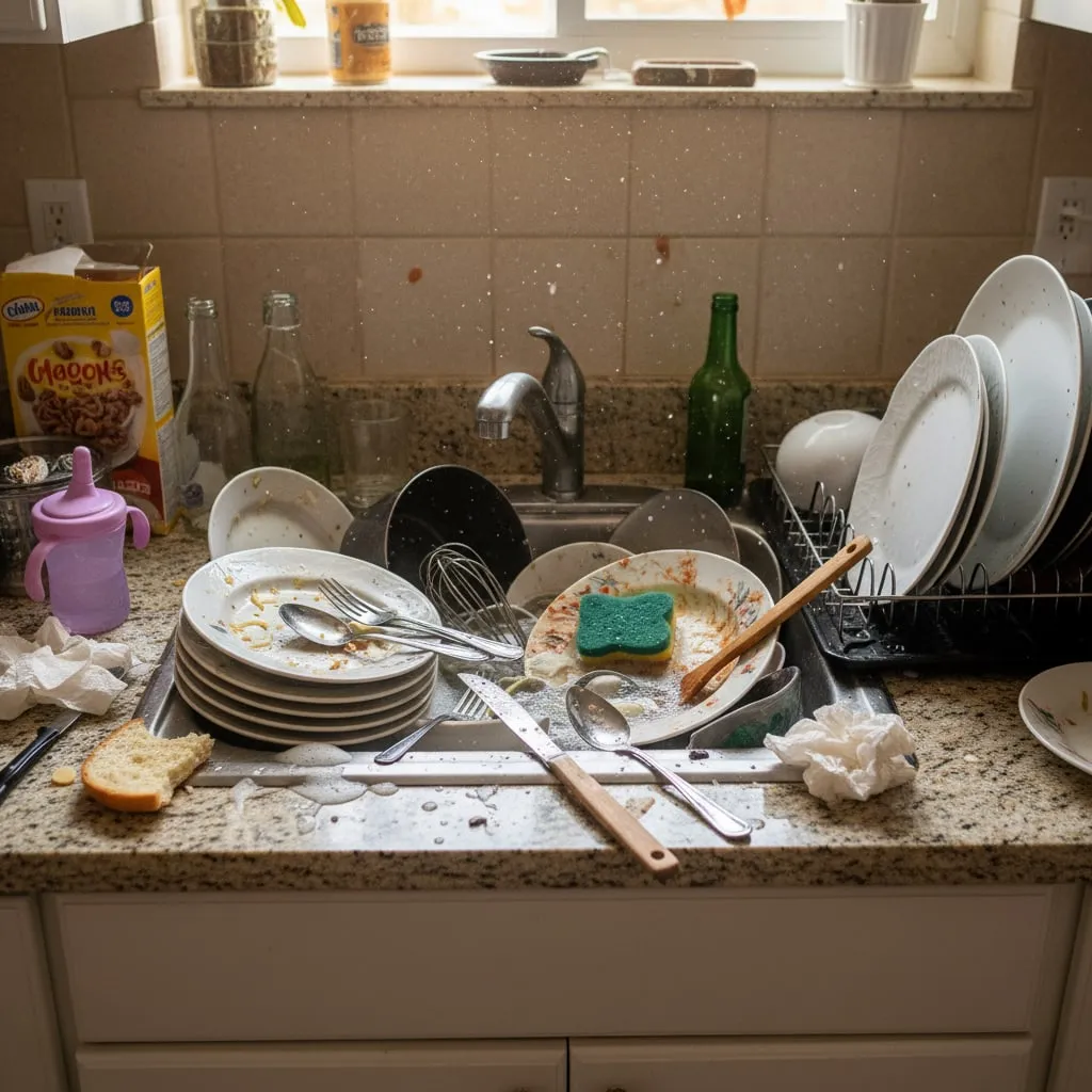 Eine volle Küchenspüle mit ungespültem Geschirr